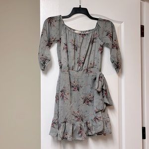 Hummingbird. Gray and pink floral faux wrap dress. S.